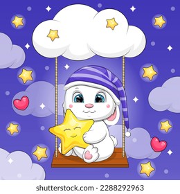 A cute cartoon white rabbit in a nightcap is holding a yellow star. Night vector illustration of an animal on a swing with clouds, stars and hearts on a dark blue background.