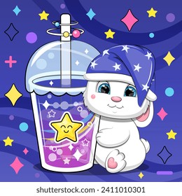 A cute cartoon white
rabbit in a nightcap is holding a big drink. Night vector illustration of an animal on a dark blue background with stars.