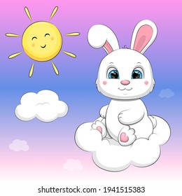 Cute cartoon white rabbit on a cloud in the sky. Vector illustration of an animal.
