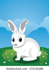 Cute cartoon white rabbit on spring lawn with flowers.