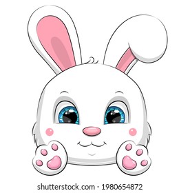 Cute cartoon white rabbit with paws gives hug. Vector illustration of an animal on a white background.