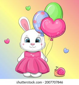 A cute cartoon white rabbit in a pink dress is holding balloons. Vector illustration of an animal on a colorful background.