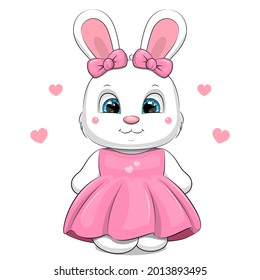 Cute cartoon white rabbit in pink dress. Vector illustration of animal on white background.