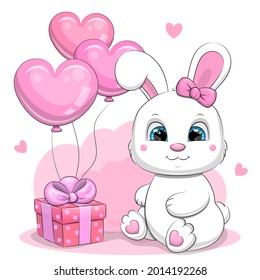 Cute cartoon white rabbit with pink gift and balloons. Vector illustration of an animal.