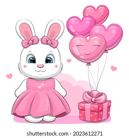 Cute cartoon white rabbit in a pink dress with a gift and balloons. Vector illustration of an animal on a white background.