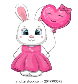 Cute cartoon white rabbit with pink dress and balloon. Vector illustration of animal on white background.