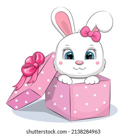 Cute cartoon white rabbit in a pink gift box. Vector illustration of an animal on a white background.
