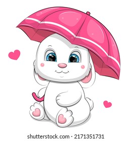 Cute cartoon white rabbit with a pink umbrella and hearts. Vector illustration of an animal on a white background.