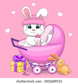 Cute cartoon white rabbit in a pram stroller with a toy, gift, milk bottle, babies dummy. Vector illustration of an animal on a pink background.