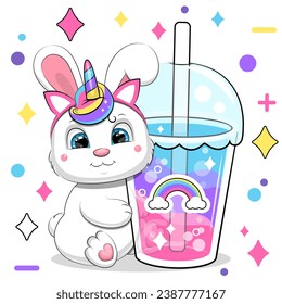 Cute cartoon white rabbit and rainbow drink. Vector illustration of animal and a cup with colorful water on a white background with stars and dots.