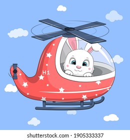 Cute cartoon white rabbit in a red helicopter. Vector illustration on a blue background with clouds.