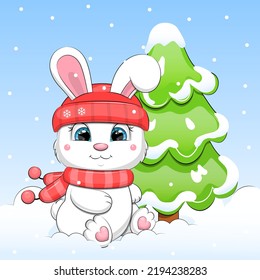 A cute cartoon white rabbit in a red hat and scarf sits next to the fir tree. Winter vector illustration of an animal on a blue background with snow.