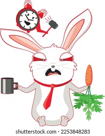 Cute cartoon white rabbit and red alarm clock illustration.