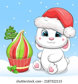 A cute cartoon white rabbit in a Santa hat is sitting next to a Christmas cupcake. Winter vector illustration with an animal on a blue background.