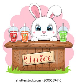 Cute cartoon white rabbit selling juice. Vector illustration of an animal on a pink background.