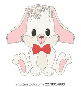 Cute Cartoon White Rabbit Sitting with red ribbon on the white background Trendy design, hand painted strokes and ribbon, bunny ears, in pastel colors. Modern minimal style. Horizontal poster, greetin