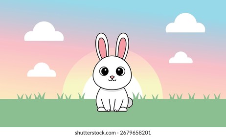 A cute cartoon white rabbit sitting in a field of grass at sunset, representing nature, spring, and animals in a charming illustration.