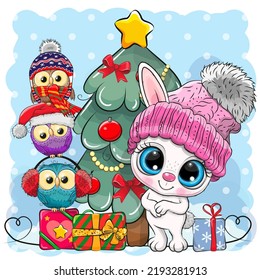 Cute Cartoon White Rabbit and three Cute Cartoon Owls