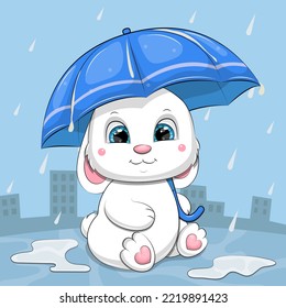 Cute cartoon white rabbit with an umbrella in the rain. Vector illustration of an animal on a blue background with drops.