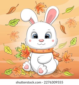 A cute cartoon white rabbit in a warm scarf is holding falling leaves. Autumn vector illustration of a white animal on an orange background with leaves.