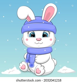 Cute cartoon white rabbit wearing a blue hat and scarf. Winter vector illustration on a blue background with snow.