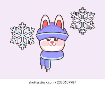 Cute cartoon white rabbit wearing a hat and scarf. Bunny vector illustration with snowflakes