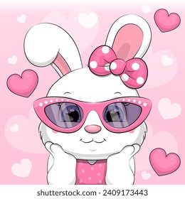 Cute cartoon white rabbit wearing pink glasses and hair bow. Vector illustration of an animal on a pink background with hearts.