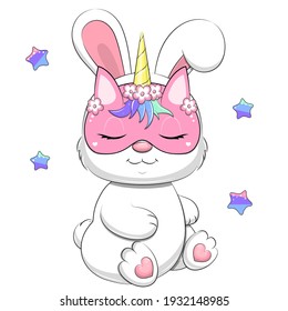 A Cute Cartoon White Rabbit Wears A Unicorn Mask. Vector Illustration Of An Animal On A White Background With Stars.