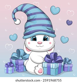 Cute cartoon white rabbit wiht gifts. Vector illustration of animal in blue hat with gifts and hearts.