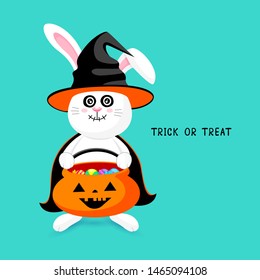 Cute cartoon white rabbit in witch suit. Happy Halloween day. Cartoon character design. Illustration isolated on green background for banner, poster, greeting card.