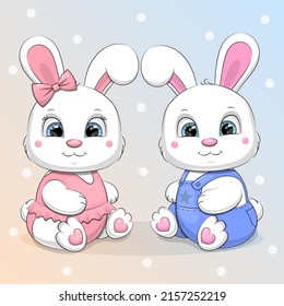 Cute cartoon white rabbits couple. Vector illustration of animals on a pink and blue background with dots.