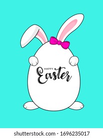 Dibujo de conejos blancos con pancarta de huevos de Pascua. Feliz Día de Pascua.  Diseño de caricaturas, ilustración vectorial.