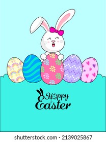 Cute cartoon white rabbits with Easter eggs. Happy Easter day concept.  Cartoon character design, vector illustration for poster, greeting card, website
