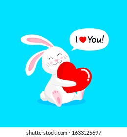 Cute cartoon white rabbits holding love hearts. Happy Valentine's day.  Cartoon character design. Vector illustration isolated on blue background.