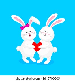 Cute cartoon white rabbits holding love hearts. Happy Valentine's day.  Cartoon character design. Illustration isolated on blue background.