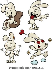 Cute cartoon white rabbits showing various emotions. Vector illustration with simple gradients. All characters on separate layers for easy editing.