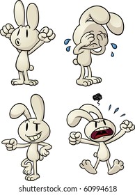 Cute cartoon white rabbits showing different emotions. Vector illustration with simple gradients. All elements on separate layers for easy editing.