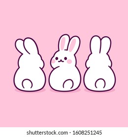 Cute cartoon white rabbits sitting from back view, simple drawing. Kawaii bunny butts vector clip art illustration.