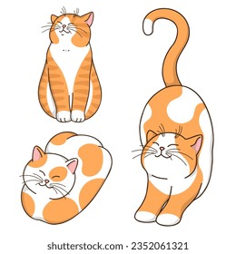 Cute cartoon white and red smiling cats in different poses. Vector cat set isolated on white background 