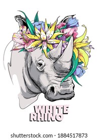 Cute cartoon white rhino in a floral wreath. Beautiful animal with flowers. Stylish image for printing on any surface