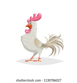 Cute cartoon white rooster. Farm animal. Good for education and kids design. Vector bird illustration isolated on white background.