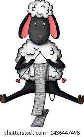 Cute cartoon white sheep knitting a nice scarf with its own black needles and natural wool. Print for postcard, greeting card, mug, t-shirt, poster, logo.
