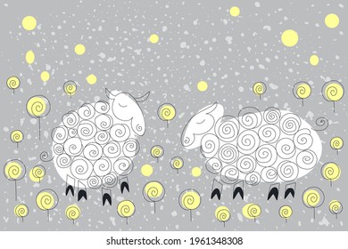 Cute cartoon white sheep and stylized yellow flowers. Vector illustration.