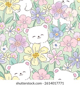 Cute cartoon white teddy bear in flower garden seamless pattern
