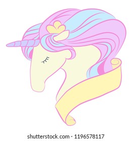 Cute cartoon white uniconrn with blue and pink mane for sticker, card, t-shirt.  