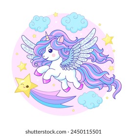 A cute, cartoon white unicorn with a long rainbow mane flies in the sky with a star. Magic theme. For children's design of prints, posters, cards, stickers, puzzles, etc. Vector illustration