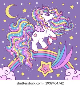 Cute, cartoon white unicorn on a rainbow among the stars. Fantasy animal. For children's design of prints, posters, stickers, cards, etc. Vector