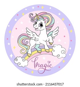 Cute cartoon white unicorn on a rainbow. Vector illustration circle shape on a starry pink background. For party, print, baby shower, design, decor, dishes, bed linen and kids apparel