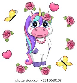 Cute cartoon white unicorn with a rose and a necklace in a flower frame. Vector illustration of an animal with roses, butterflies and hearts on a white background.