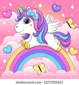 A cute cartoon white unicorn with the wings flies in the sky with butterflies surrounded by hearts and stars. Vector illustration of an animal on a pink background with a rainbow and clouds.